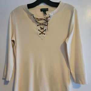 Tan blouse with suede tie